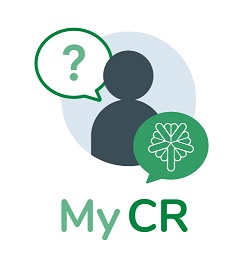 The logo for the My CR platform shows chat bubbles with a resident asking a question and receiving a response from the City of Cedar Rapids